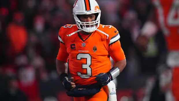 Denver Broncos quarterback Russell Wilson (3) before the game against the New England Patriots at Empower Field at Mile High.